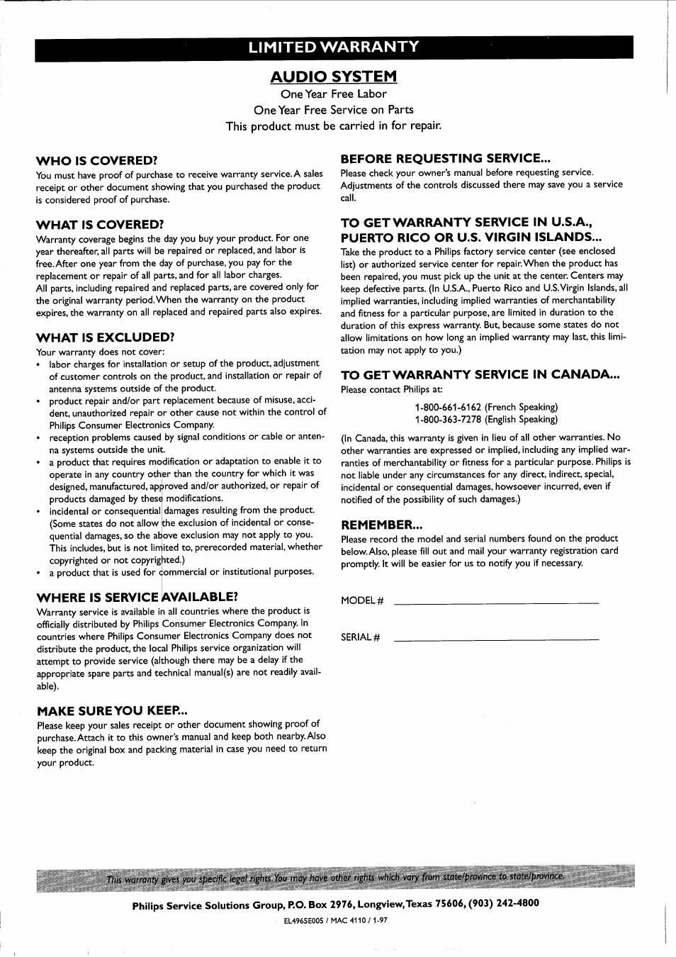 Who is covered, What is covered, What is excluded | Where is service available, Make sure you keep, Before requesting service, To get warranty service in canada, Remember, Limited warranty audio system | Philips FWR7R37 User Manual | Page 61 / 148