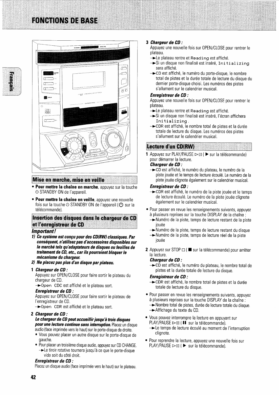 Mise en marche, mise en veille, Fonctions de base | Philips FWR7R37 User Manual | Page 83 / 148