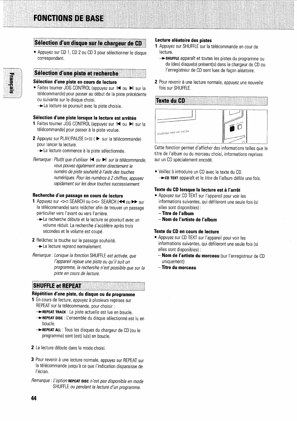 Sélection d'une piste et recherche, Recherche d'un passage en cours de lecture, Shuffle et repeat | Répétition d'une piste, du disque ou du programme, Lecture aléatoire des pistes, Texte du cd, Texte du cd lorsque la lecture est à l'arrêt, Texte du cd en cours de lecture, Fonctions de base | Philips FWR7R37 User Manual | Page 87 / 148