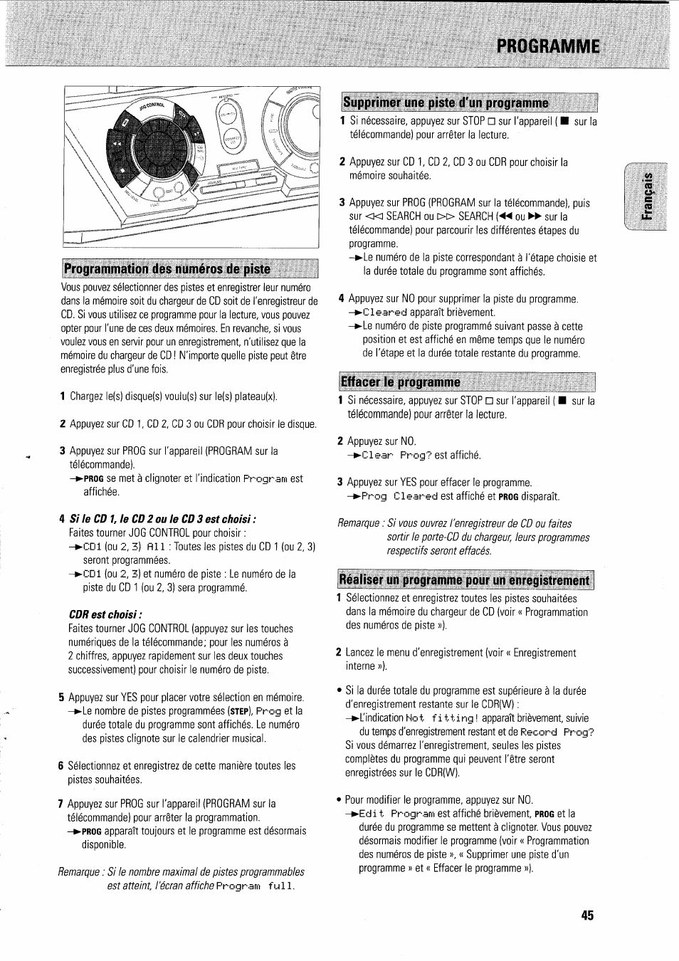 Programme, Supprimer une piste d'un programme, Programmation des numéros de piste | Effacer le programme, Réaliser un programme pour un enregistrement | Philips FWR7R37 User Manual | Page 89 / 148