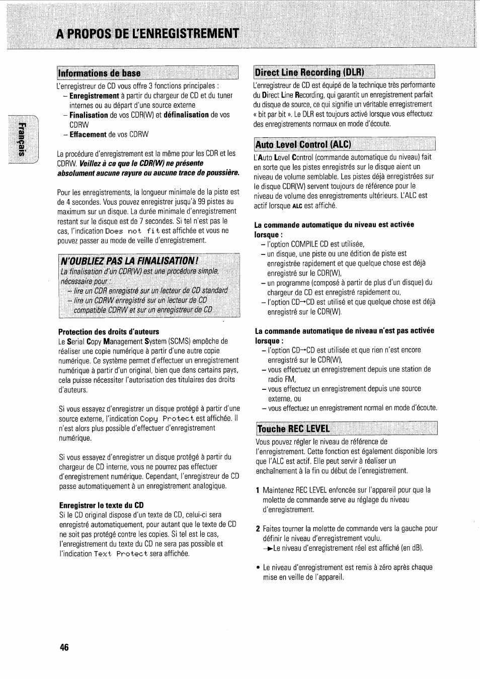 Informations de base, Direct line recording (dlr), Protection des droits d'auteurs | Enregistrer le texte du cd, Auto level control (alc), A propos de l'enregistrement, N'oubliez pas la finalisation, Informations de base direct line recording (dlr), Touche rec level | Philips FWR7R37 User Manual | Page 91 / 148