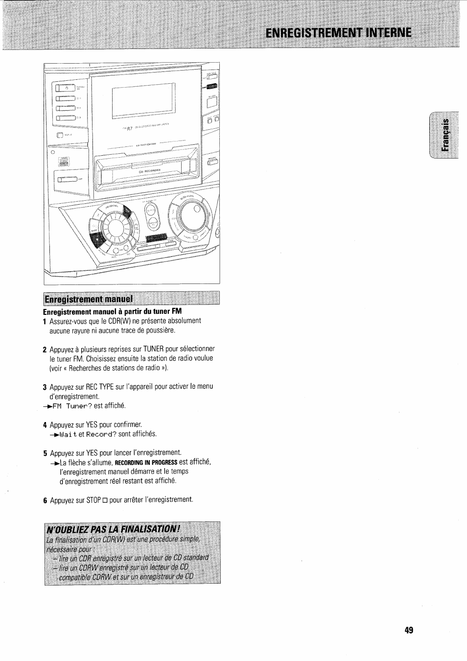 Enregistrement manuel, Enregistrement interne, N'oubuez pas la finalisation | Philips FWR7R37 User Manual | Page 97 / 148