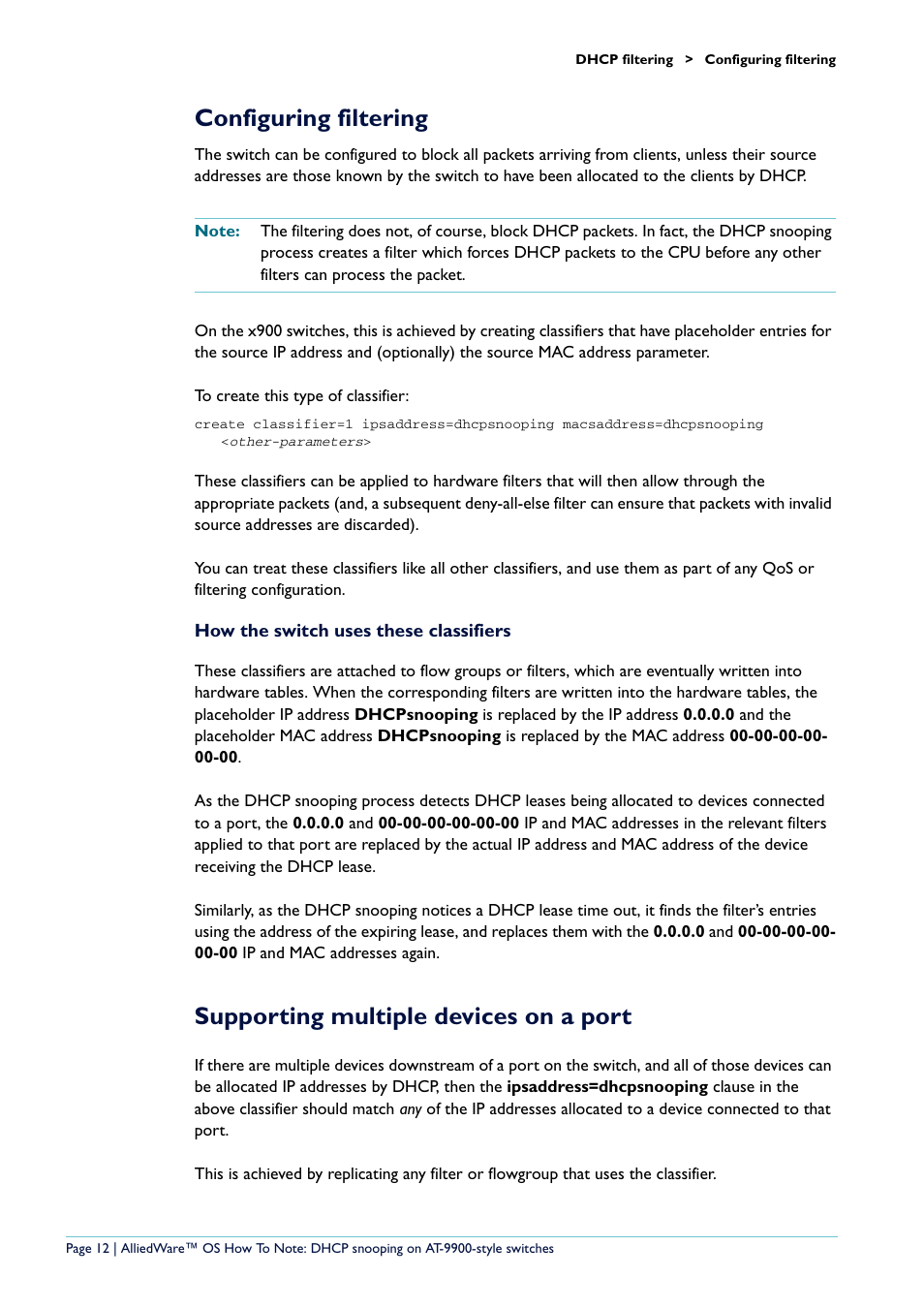 Configuring filtering, Supporting multiple devices on a port | Allied Telesis x900-48 series User Manual | Page 12 / 38