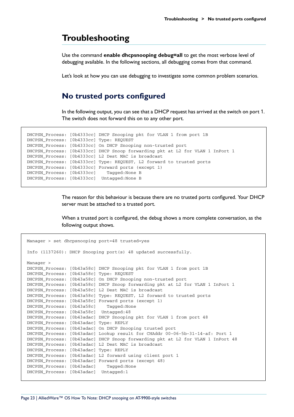 Troubleshooting, No trusted ports configured | Allied Telesis x900-48 series User Manual | Page 23 / 38