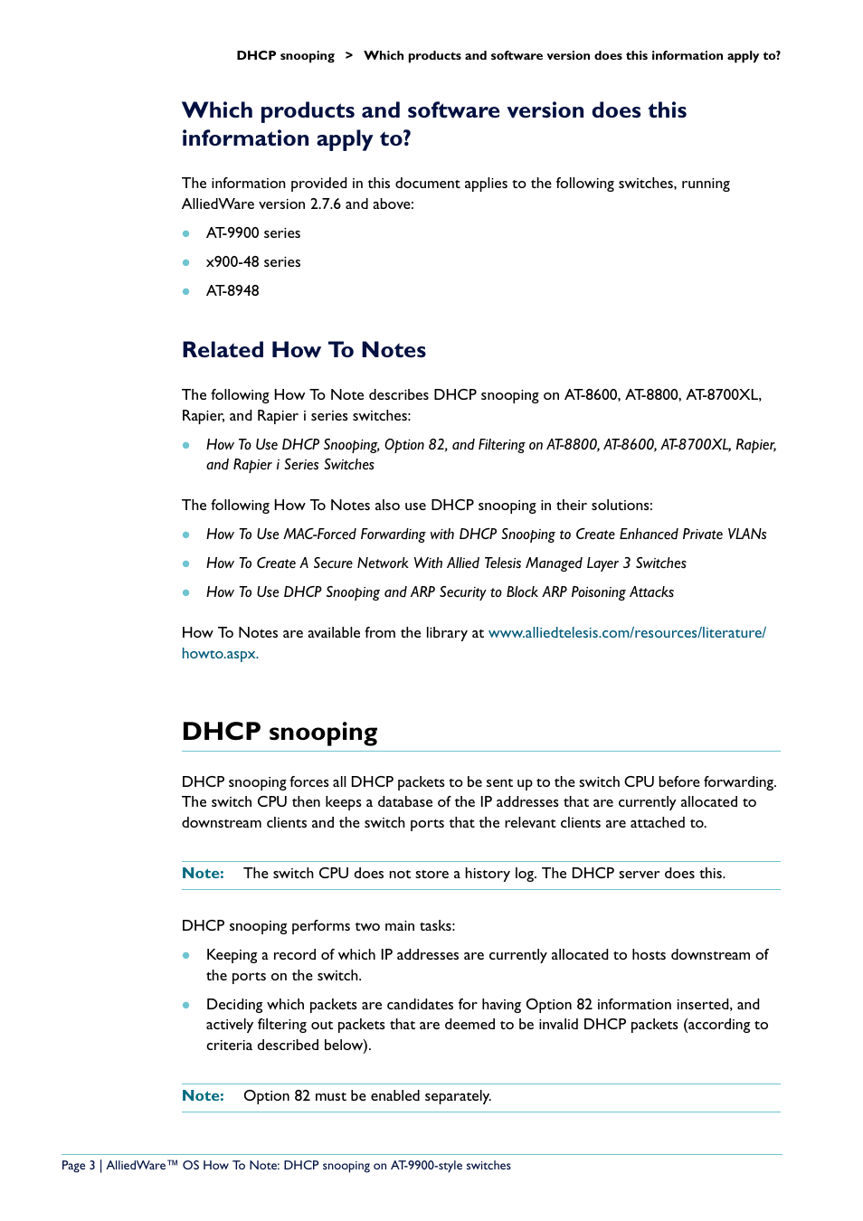Related how to notes, Dhcp snooping | Allied Telesis x900-48 series User Manual | Page 3 / 38