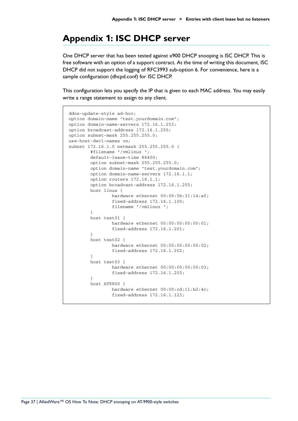 Appendix 1: isc dhcp server, Appendix, Isc dhcp server | Allied Telesis x900-48 series User Manual | Page 37 / 38