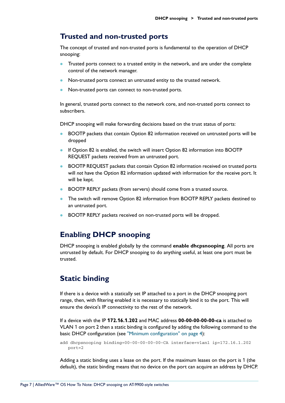 Trusted and non-trusted ports, Enabling dhcp snooping, Static binding | Allied Telesis x900-48 series User Manual | Page 7 / 38