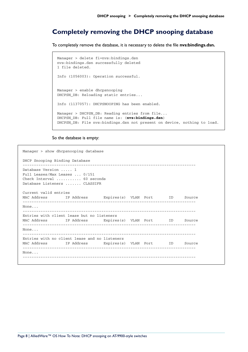 Completely removing the dhcp snooping database | Allied Telesis x900-48 series User Manual | Page 8 / 38