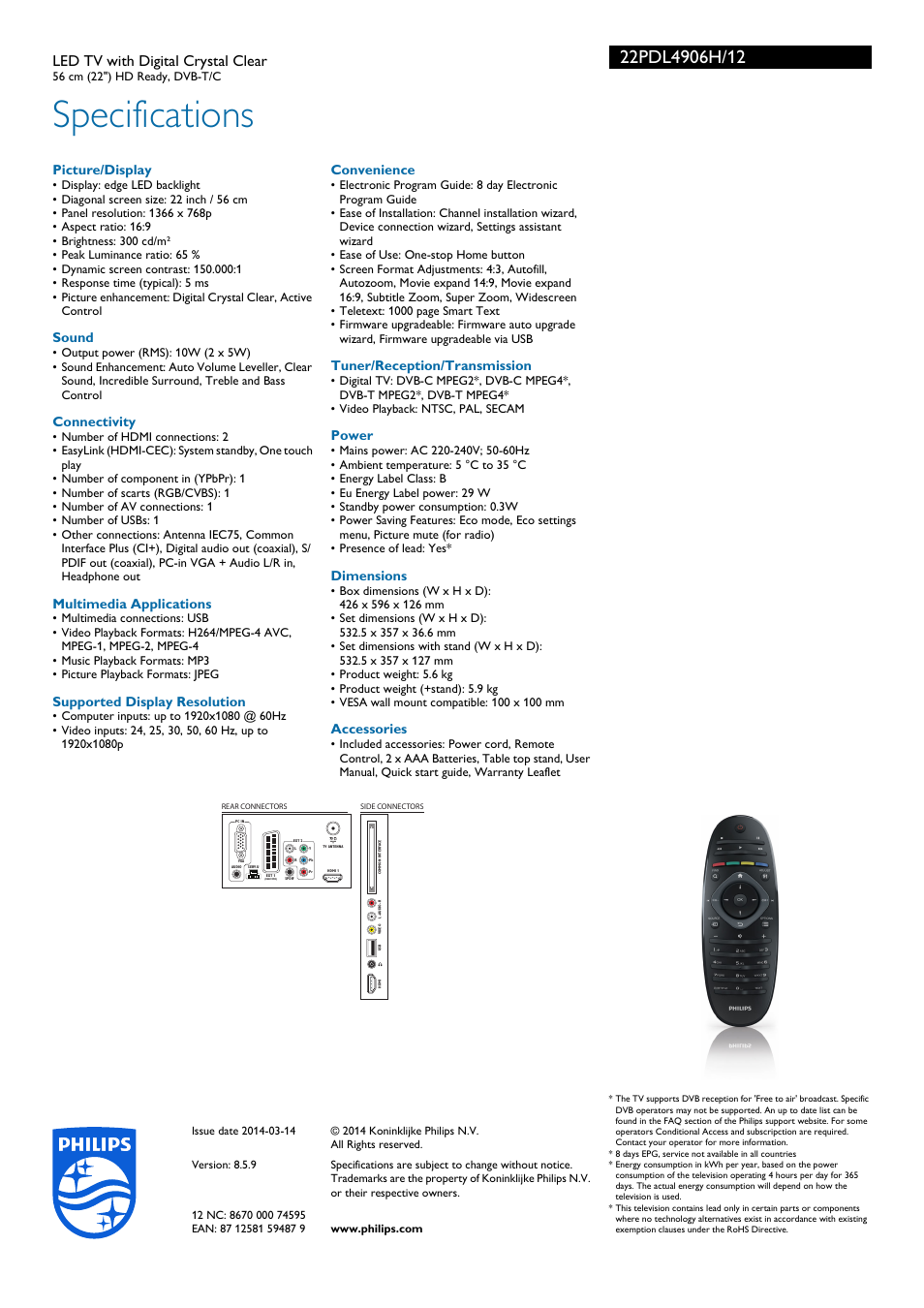 Specifications, Led tv with digital crystal clear, Picture/display | Sound, Connectivity, Multimedia applications, Supported display resolution, Convenience, Tuner/reception/transmission, Power | Philips 22PDL4906H-12 User Manual | Page 3 / 3