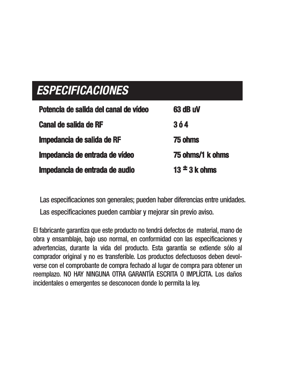 Especificaciones | Philips US2-PH61159 User Manual | Page 14 / 21
