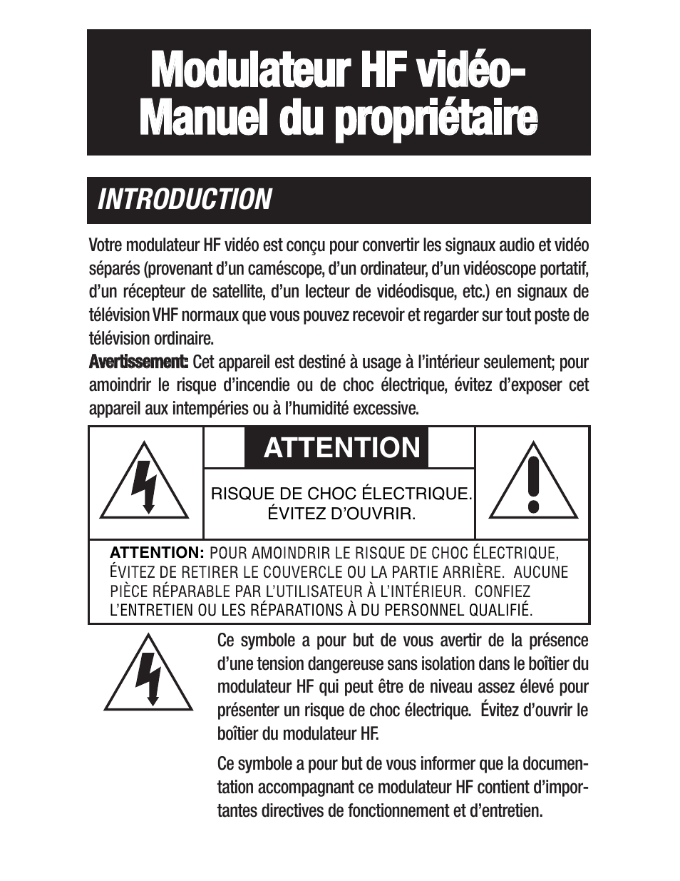 Modulateur hf vidéo- manuel du propriétaire, Introduction, Attention | Philips US2-PH61159 User Manual | Page 15 / 21