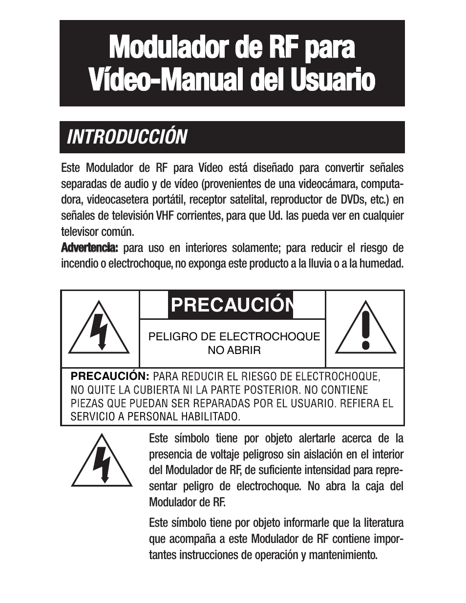 Modulador de rf para vídeo-manual del usuario, Introducción, Precaución | Philips US2-PH61159 User Manual | Page 8 / 21