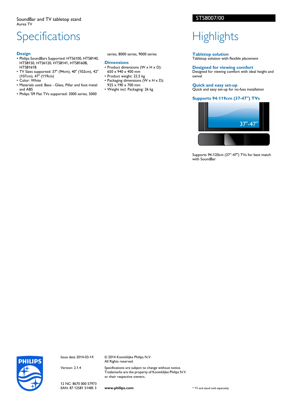 Specifications, Highlights | Philips STS8007-00 User Manual | Page 2 / 2