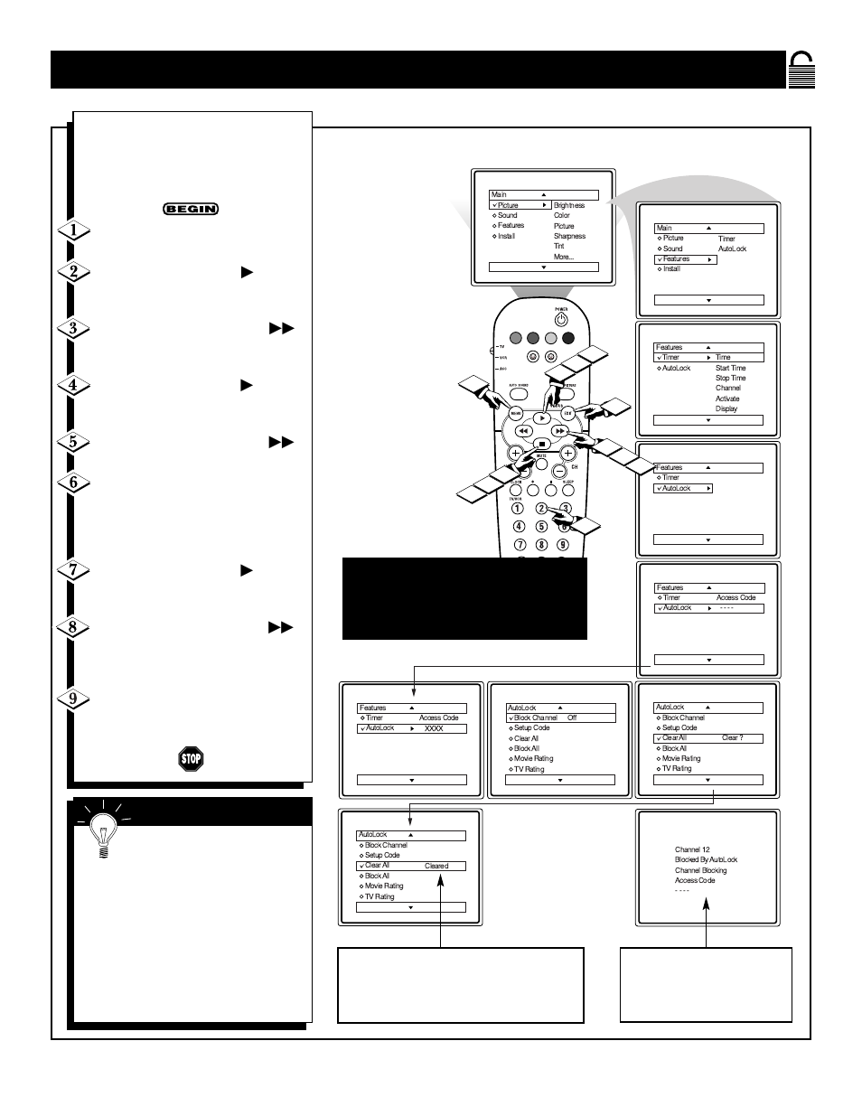 Ow to, Lear, Locked | Hannels at the | Philips 24RF50S99 User Manual | Page 17 / 42