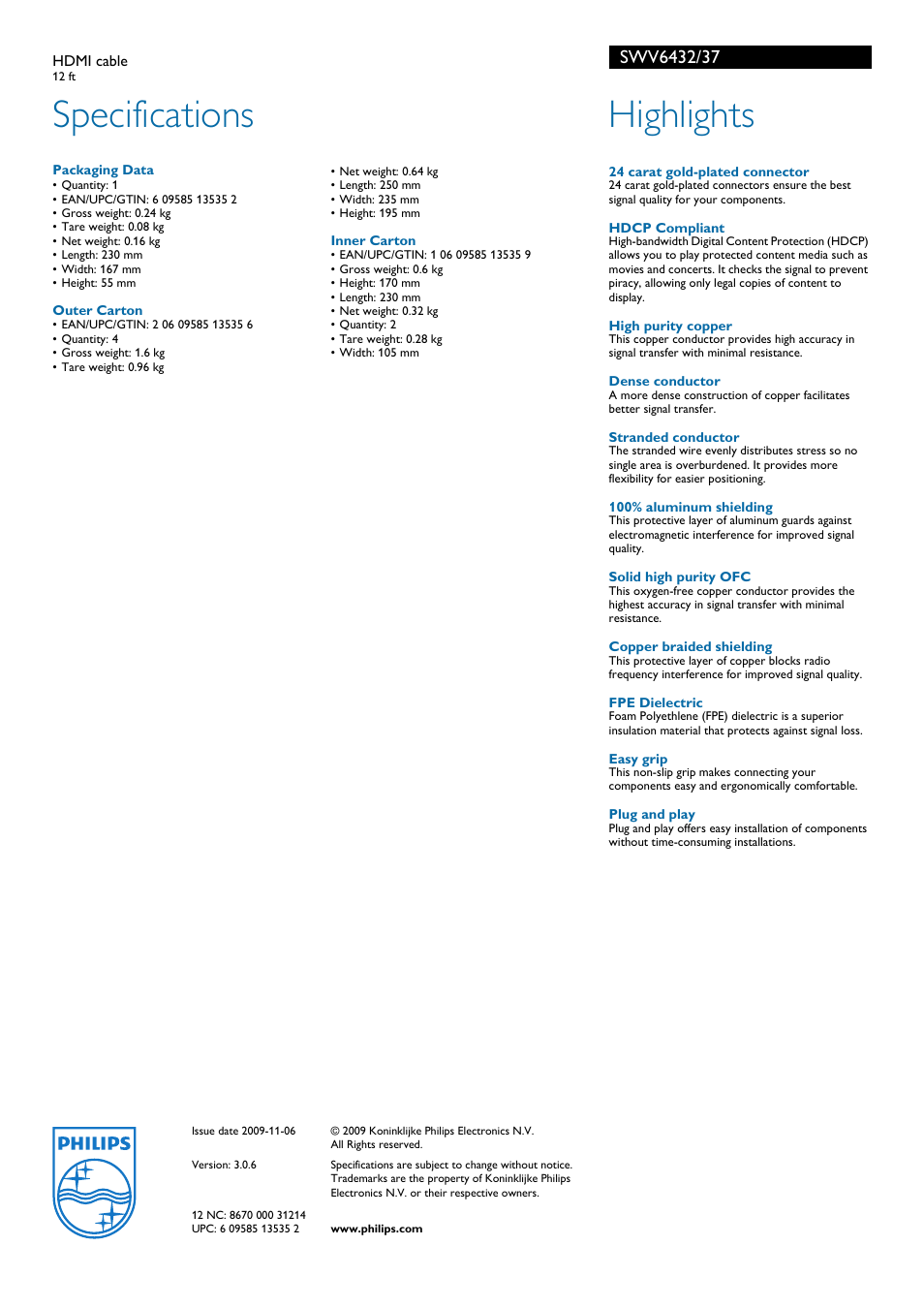 Specifications, Highlights | Philips SWV6432-37 User Manual | Page 2 / 2