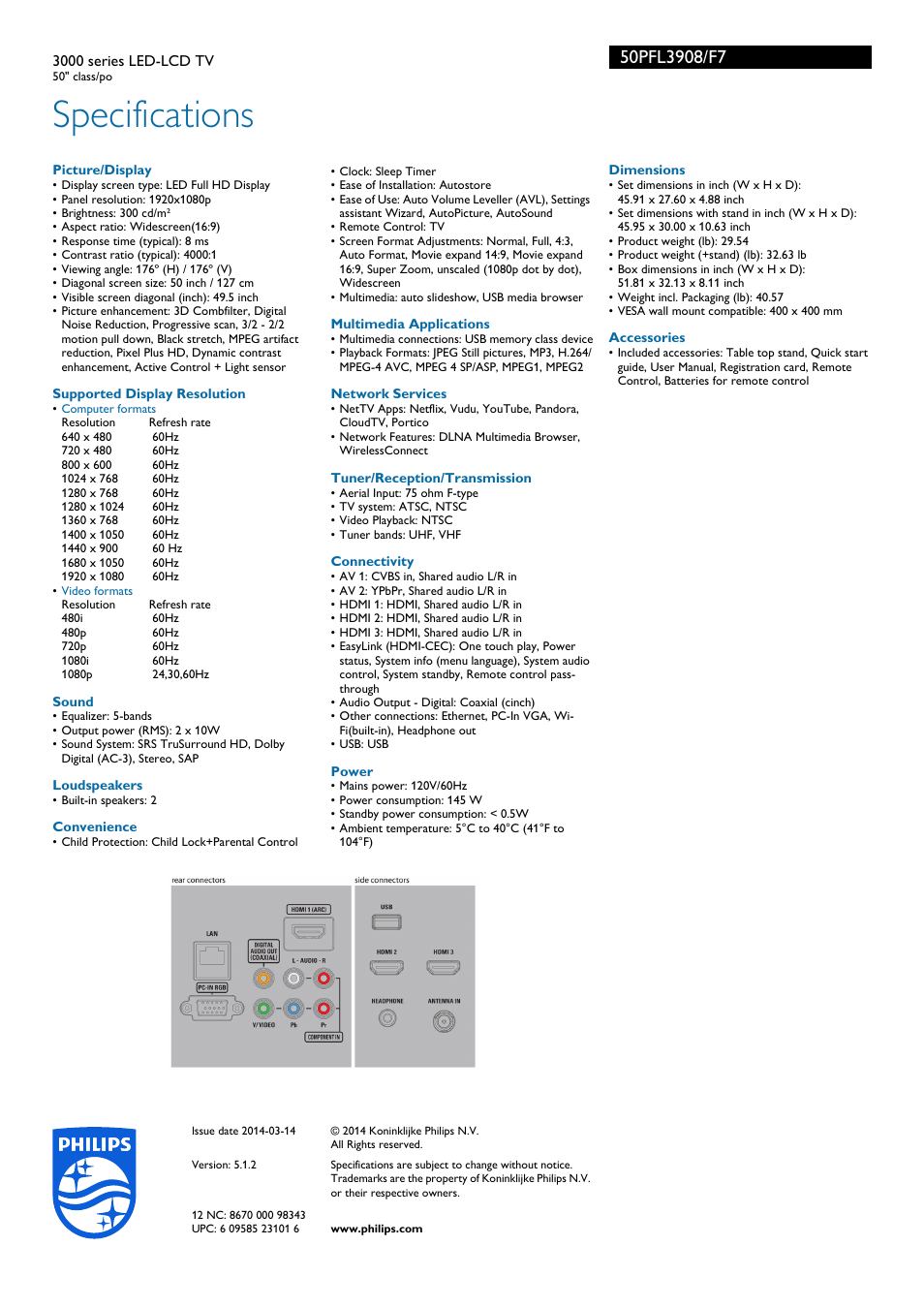 Specifications | Philips 50PFL3908-F7 User Manual | Page 3 / 3