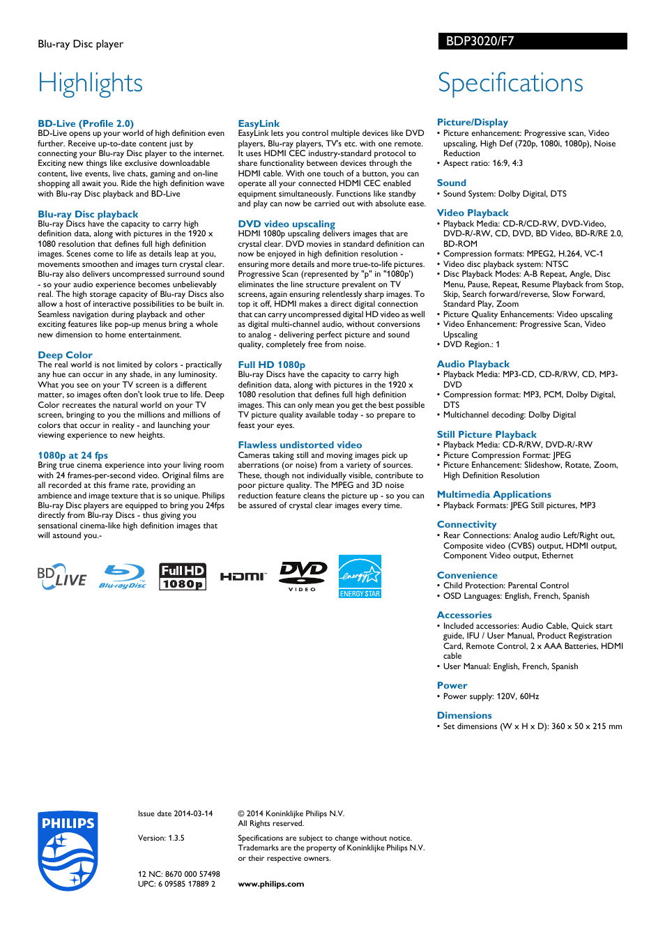 Highlights, Specifications | Philips BDP3020-F7 User Manual | Page 2 / 2