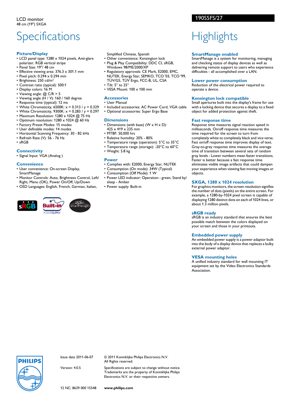 Specifications, Highlights | Philips 190S5FS-27 User Manual | Page 2 / 2