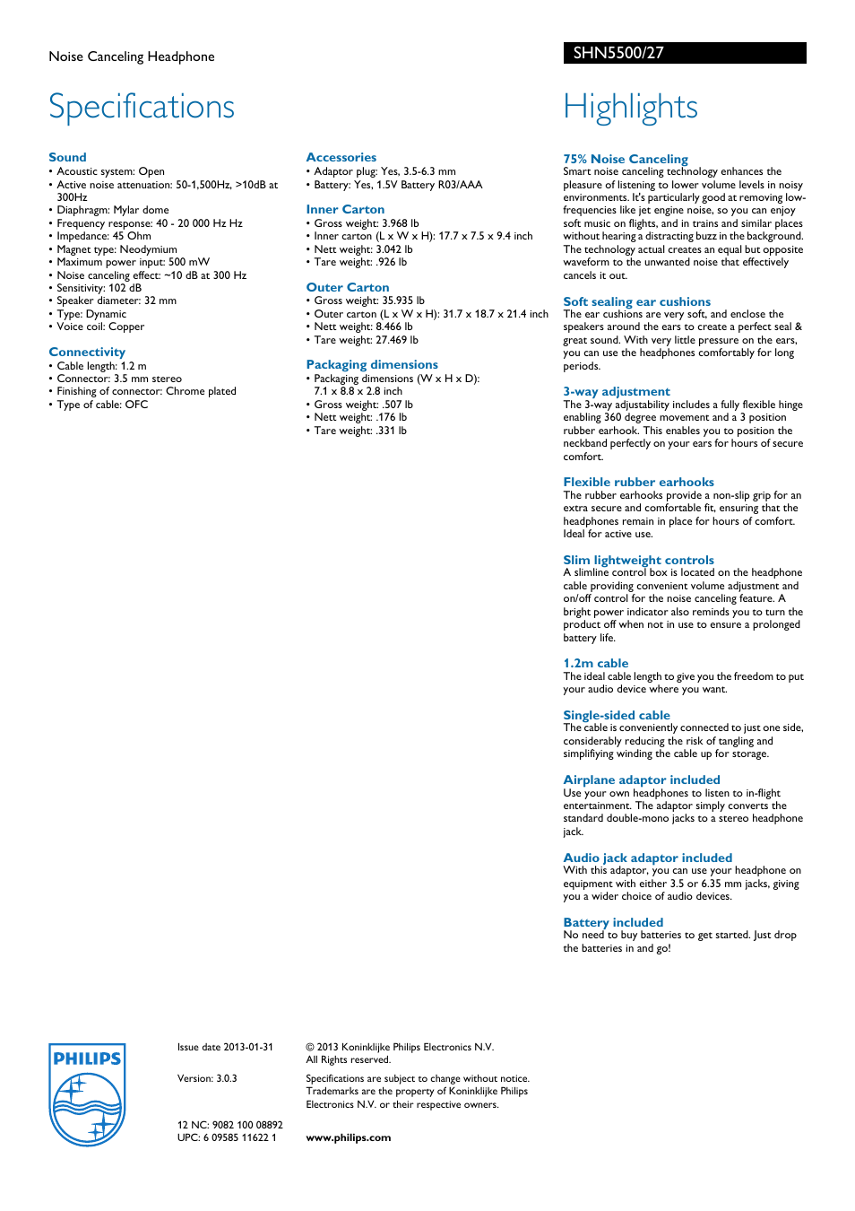 Specifications, Highlights | Philips SHN5500-27 User Manual | Page 2 / 2