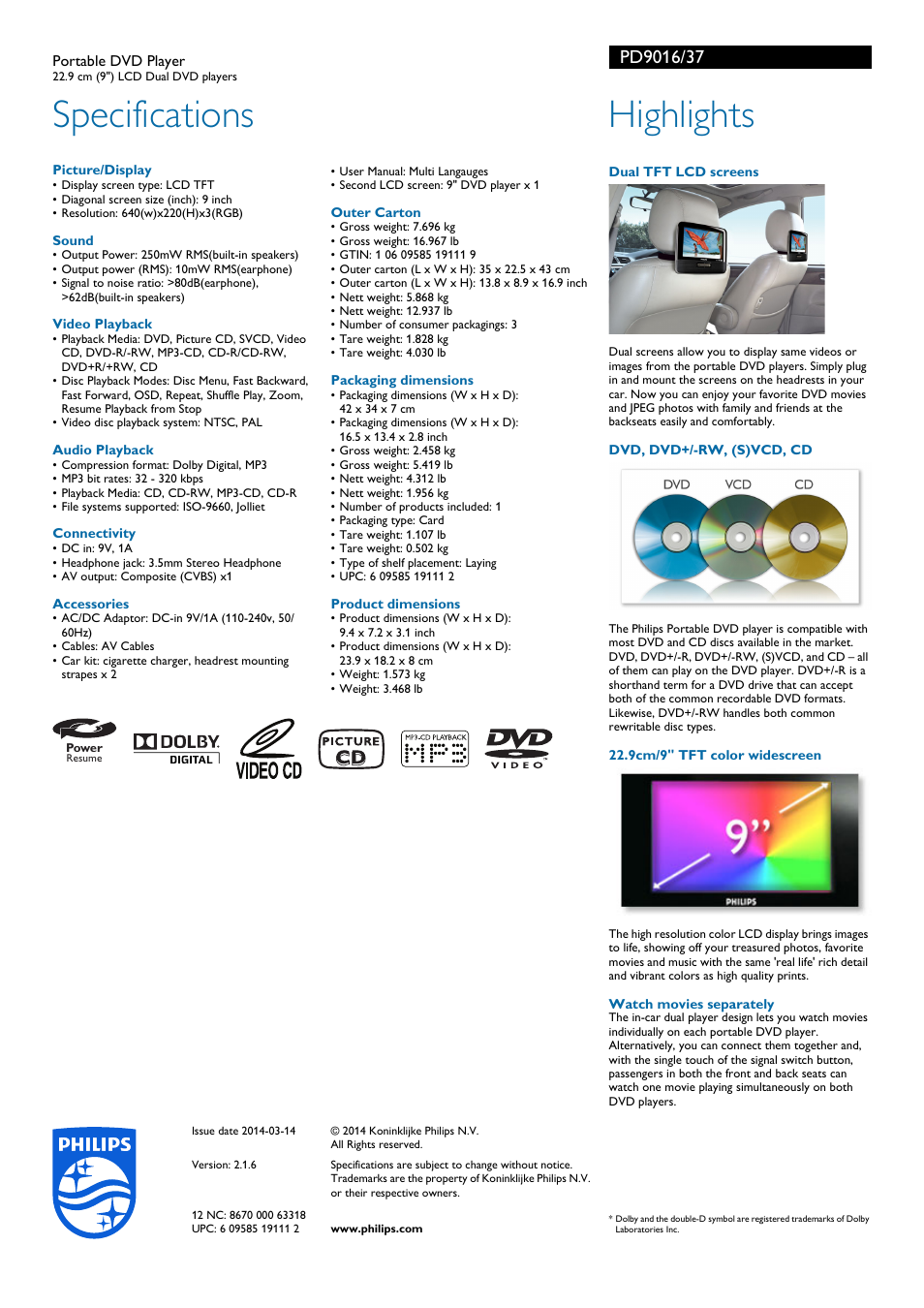 Specifications, Highlights | Philips PD9016-37 User Manual | Page 2 / 2