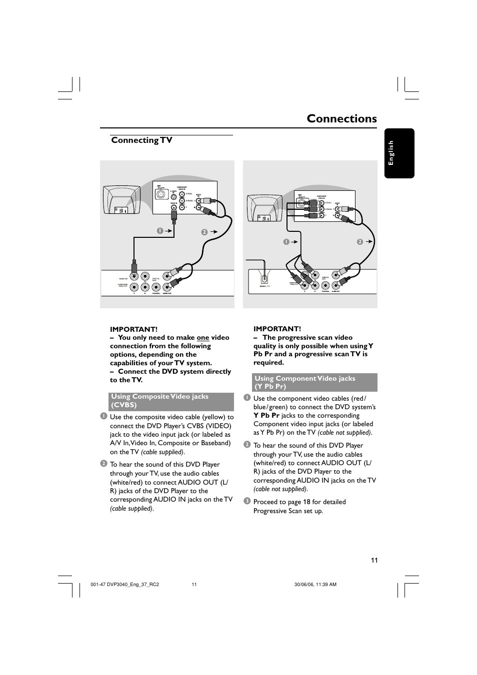 Connections, Connecting tv | Philips DVP3040-37B User Manual | Page 11 / 47