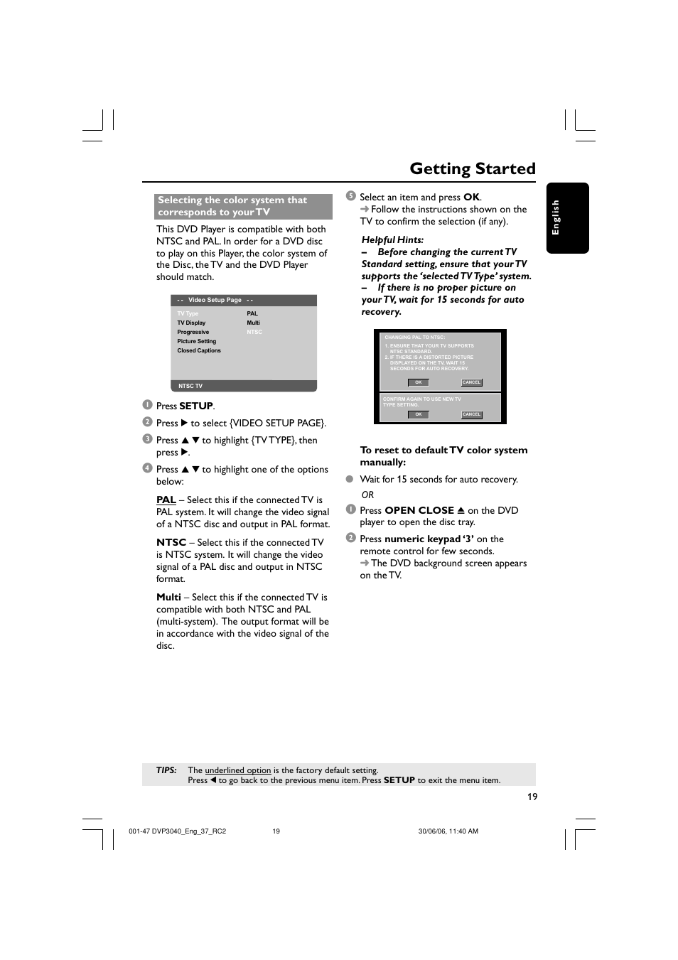 Getting started | Philips DVP3040-37B User Manual | Page 19 / 47
