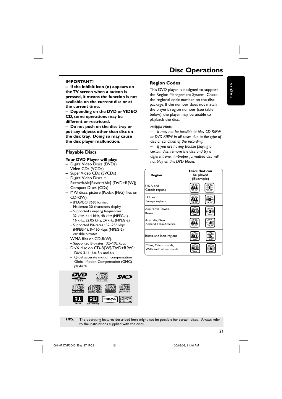 Disc operations | Philips DVP3040-37B User Manual | Page 21 / 47