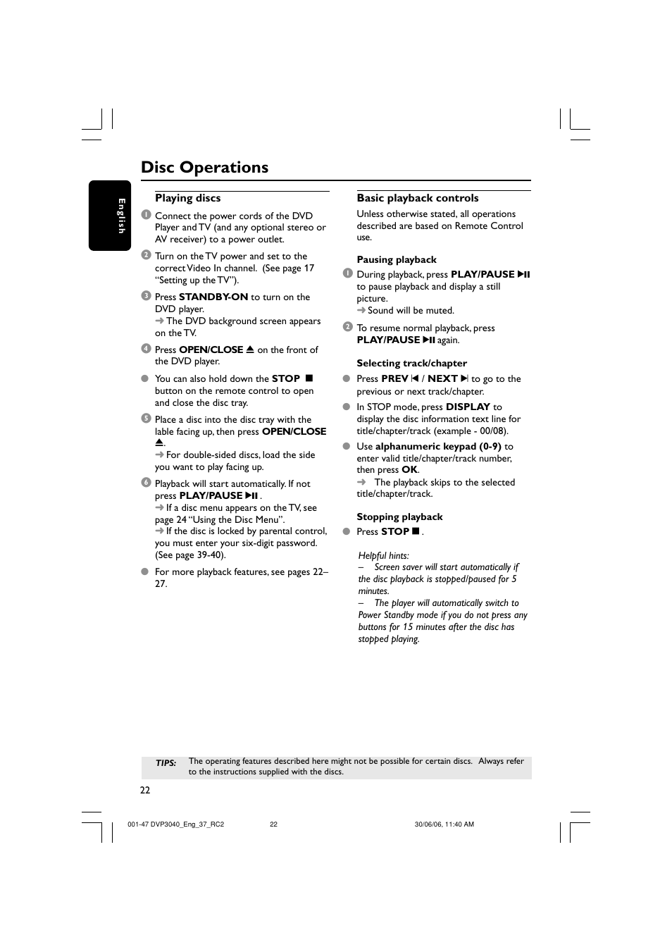 Disc operations | Philips DVP3040-37B User Manual | Page 22 / 47