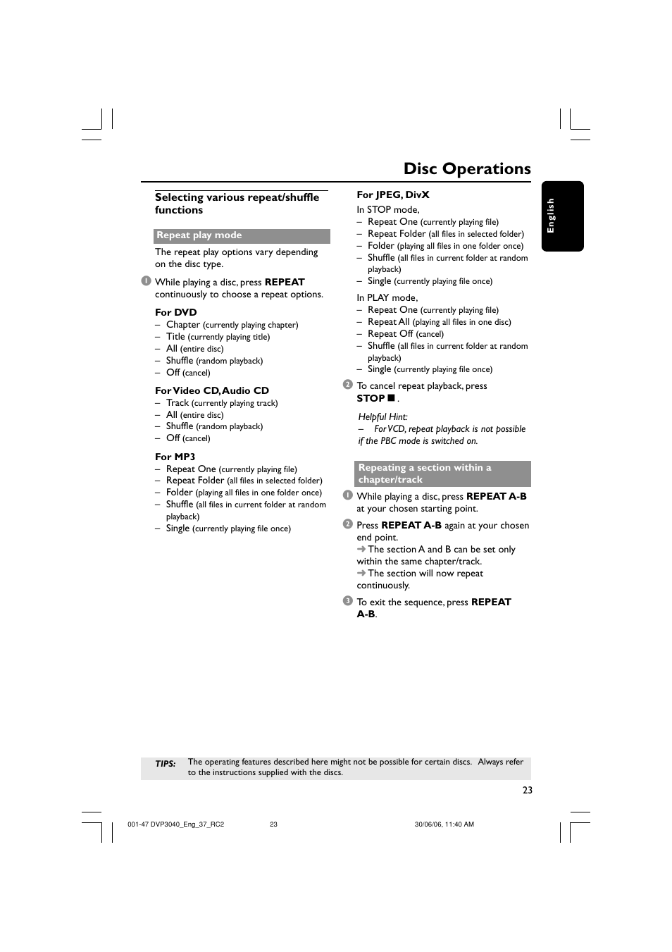 Disc operations | Philips DVP3040-37B User Manual | Page 23 / 47