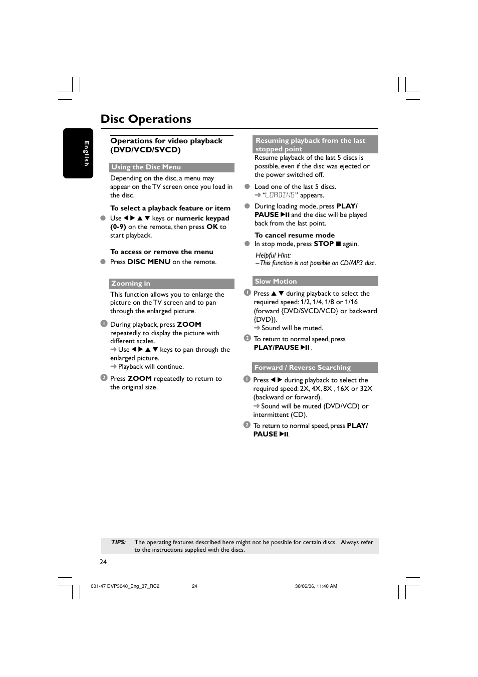 Disc operations | Philips DVP3040-37B User Manual | Page 24 / 47