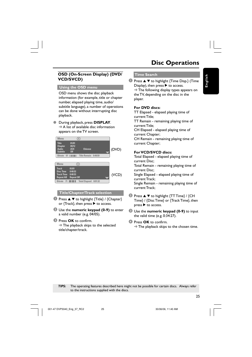 Disc operations | Philips DVP3040-37B User Manual | Page 25 / 47