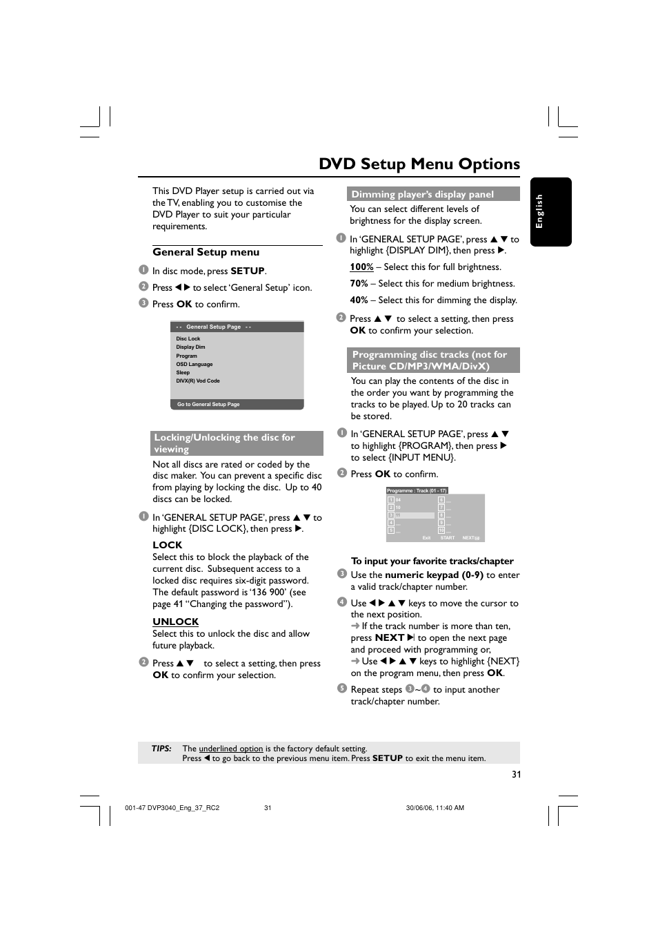 Dvd setup menu options | Philips DVP3040-37B User Manual | Page 31 / 47