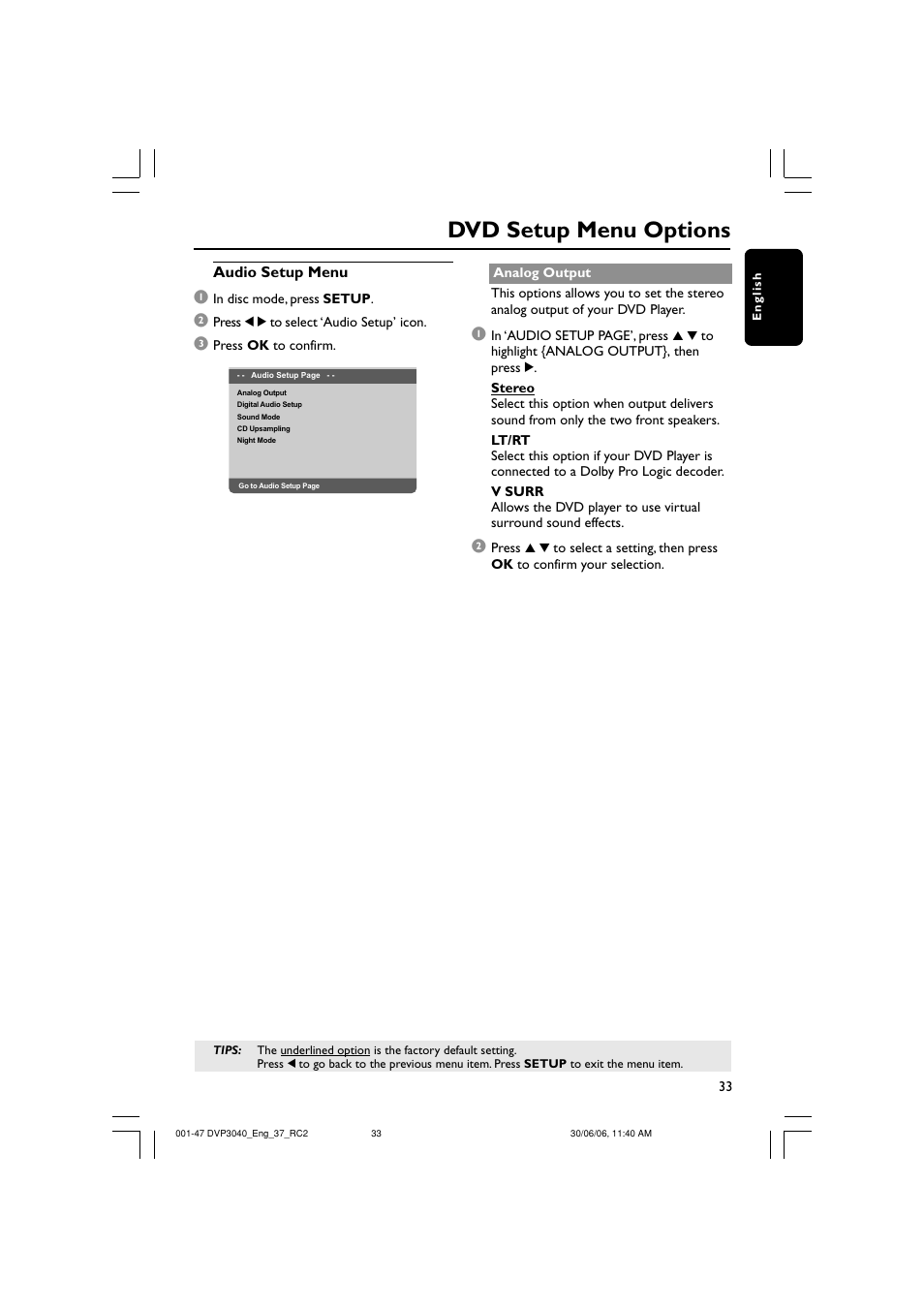 Dvd setup menu options | Philips DVP3040-37B User Manual | Page 33 / 47