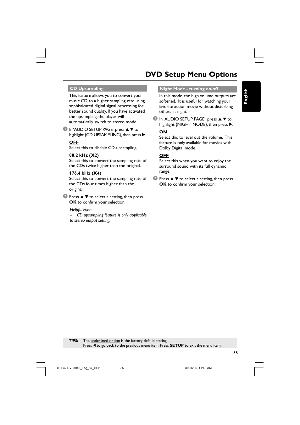 Dvd setup menu options | Philips DVP3040-37B User Manual | Page 35 / 47