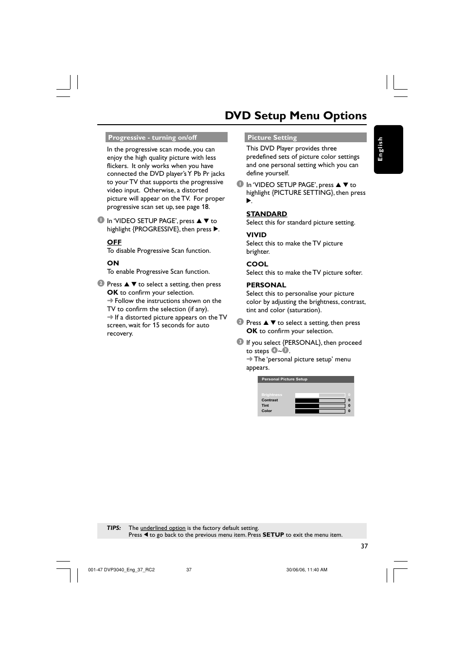 Dvd setup menu options | Philips DVP3040-37B User Manual | Page 37 / 47