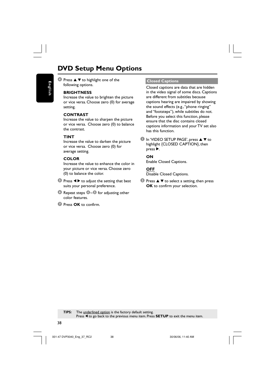 Dvd setup menu options | Philips DVP3040-37B User Manual | Page 38 / 47