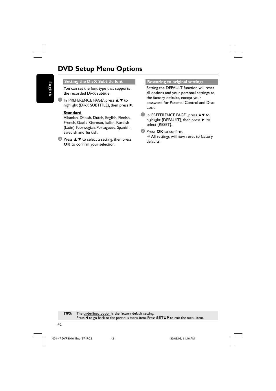 Dvd setup menu options | Philips DVP3040-37B User Manual | Page 42 / 47