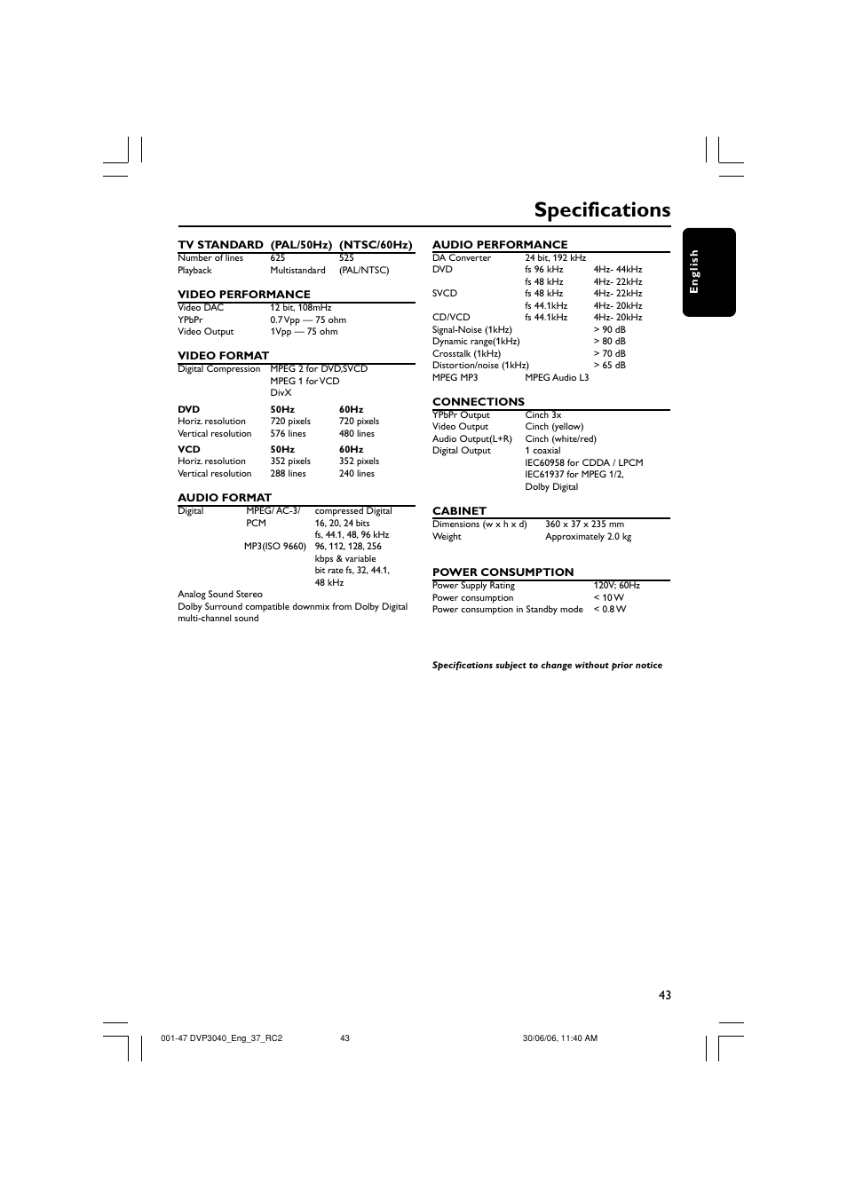Specifications | Philips DVP3040-37B User Manual | Page 43 / 47