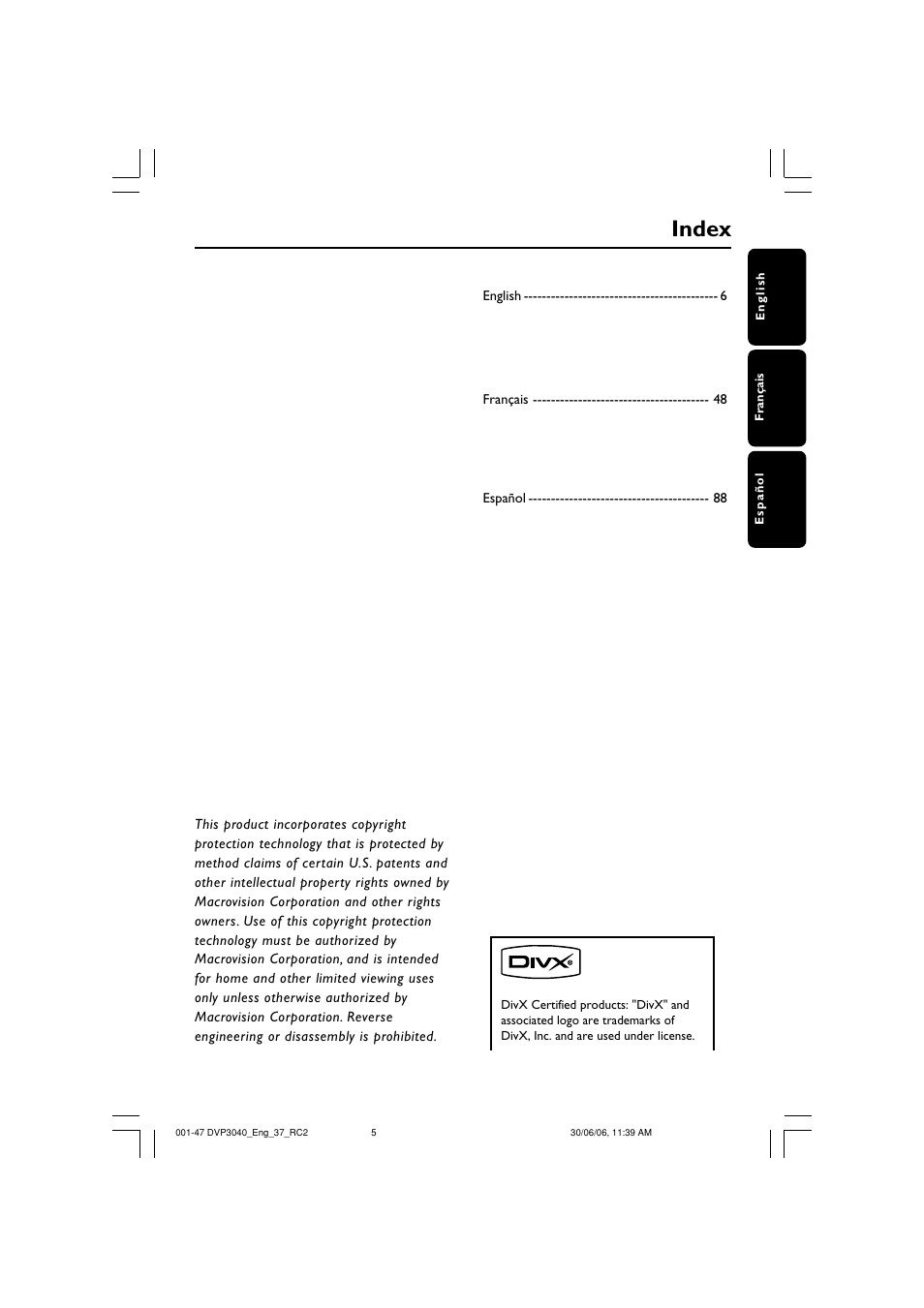 Index | Philips DVP3040-37B User Manual | Page 5 / 47