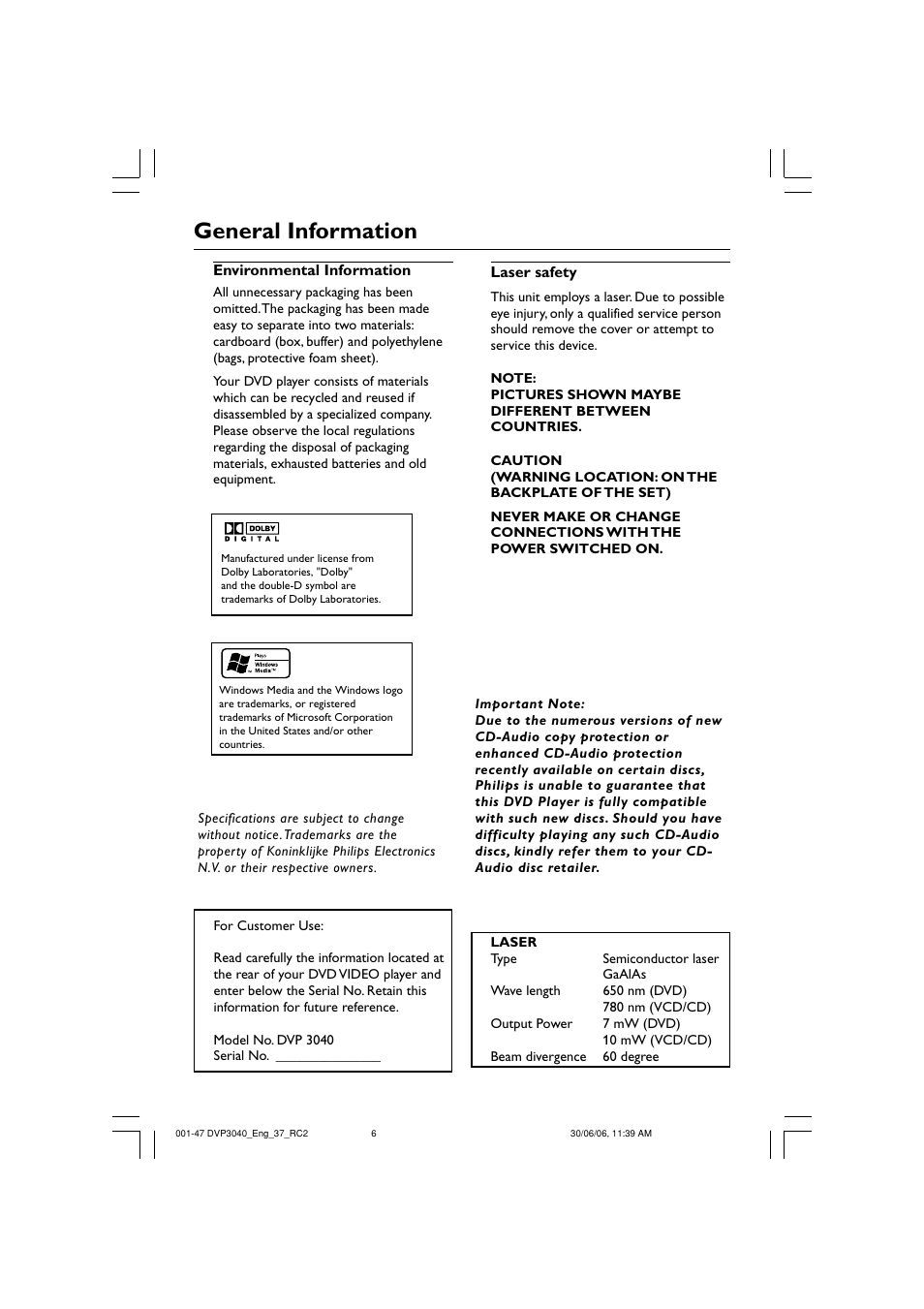 General information | Philips DVP3040-37B User Manual | Page 6 / 47