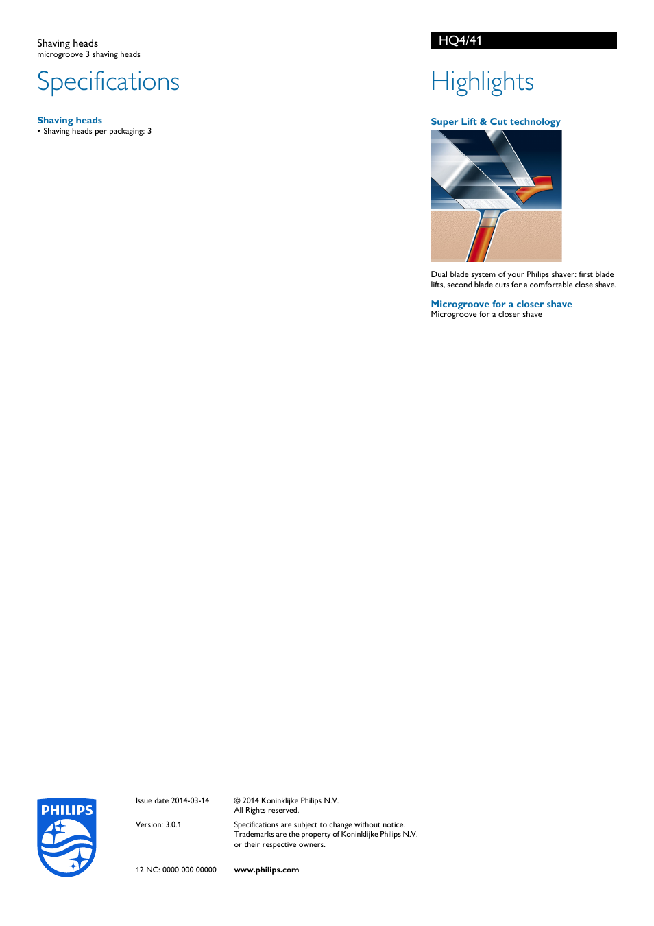 Specifications, Highlights, Hq4/41 | Philips HQ4-41 User Manual | Page 2 / 2