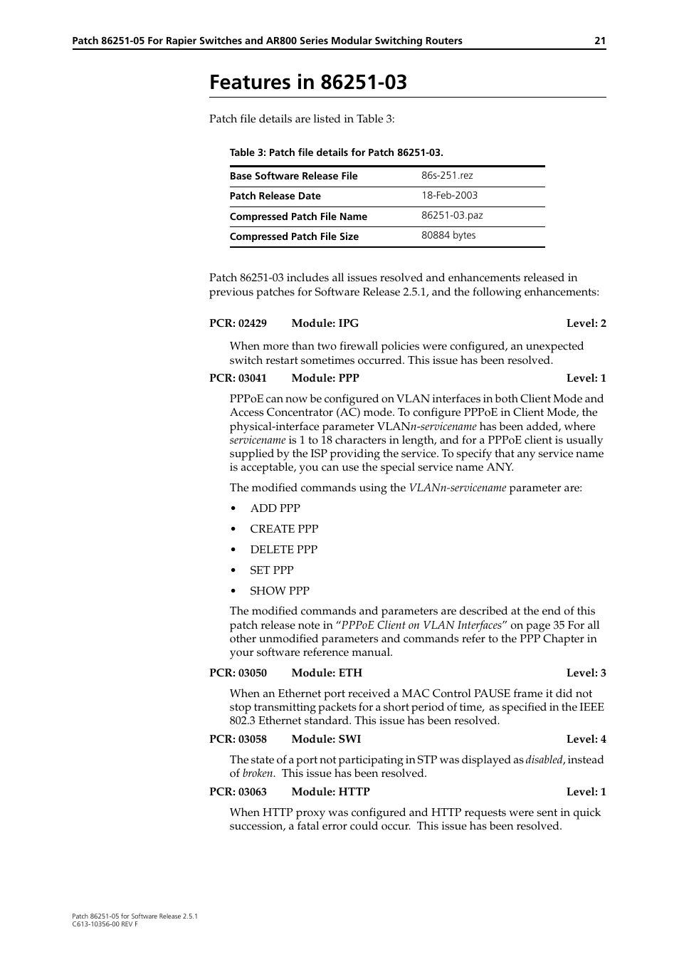 Features in 86251-03 | Allied Telesis 86251-05 User Manual | Page 21 / 40