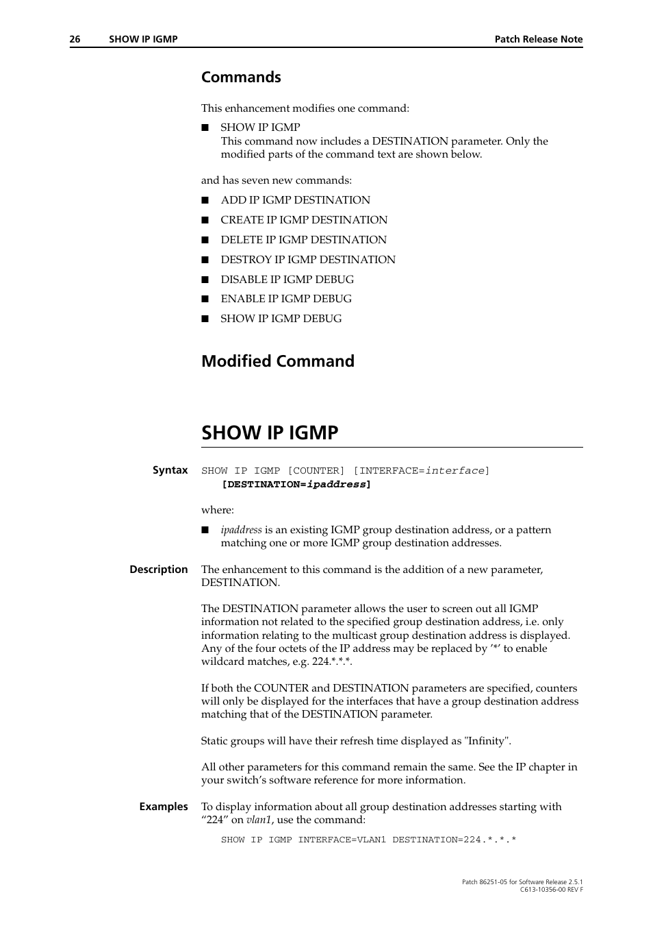 Commands, Modified command, Show ip igmp | Allied Telesis 86251-05 User Manual | Page 26 / 40