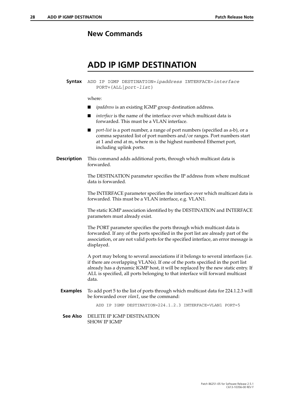 New commands, Add ip igmp destination | Allied Telesis 86251-05 User Manual | Page 28 / 40