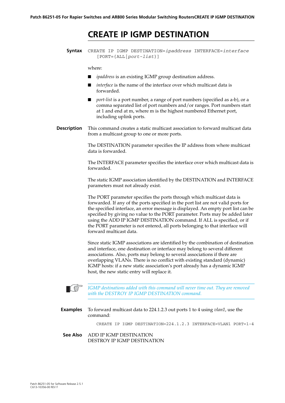 Create ip igmp destination | Allied Telesis 86251-05 User Manual | Page 29 / 40