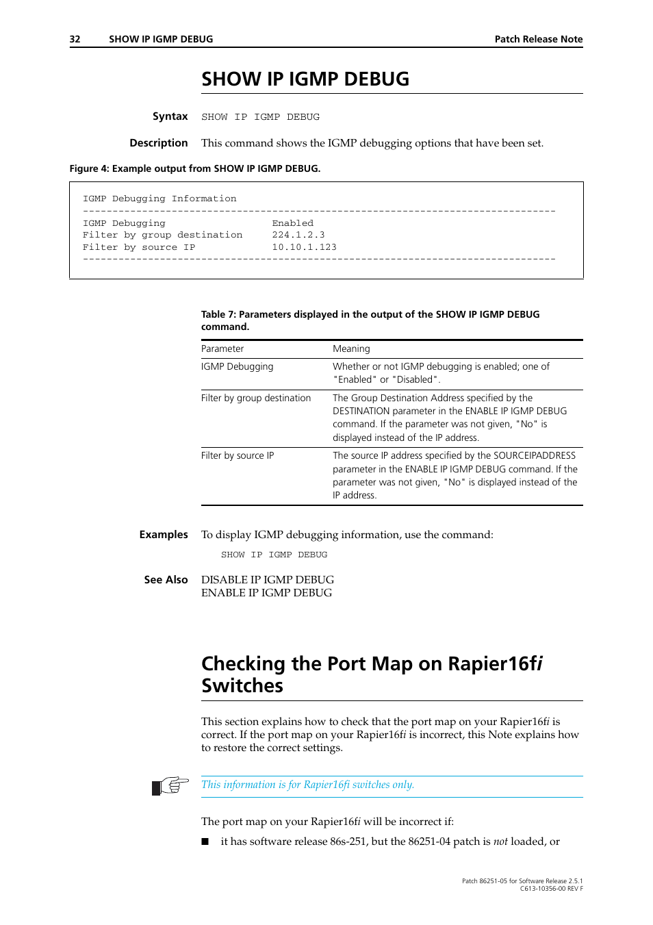 Checking the port map on rapier16fi switches, Show ip igmp debug, Checking the port map on rapier16f i switches | Allied Telesis 86251-05 User Manual | Page 32 / 40