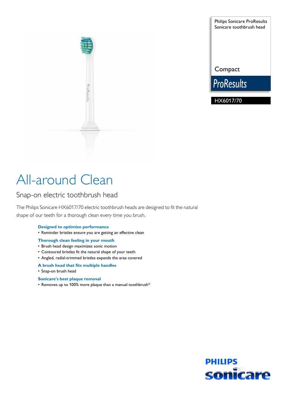 Philips Sonicare ProResults Sonicare toothbrush head HX6017-70 Compact User Manual | 2 pages