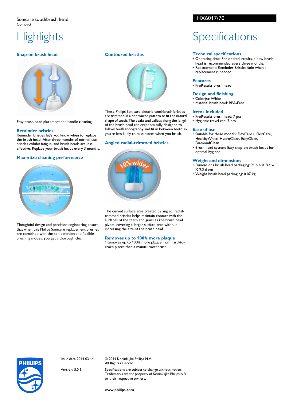 Highlights, Specifications | Philips Sonicare ProResults Sonicare toothbrush head HX6017-70 Compact User Manual | Page 2 / 2