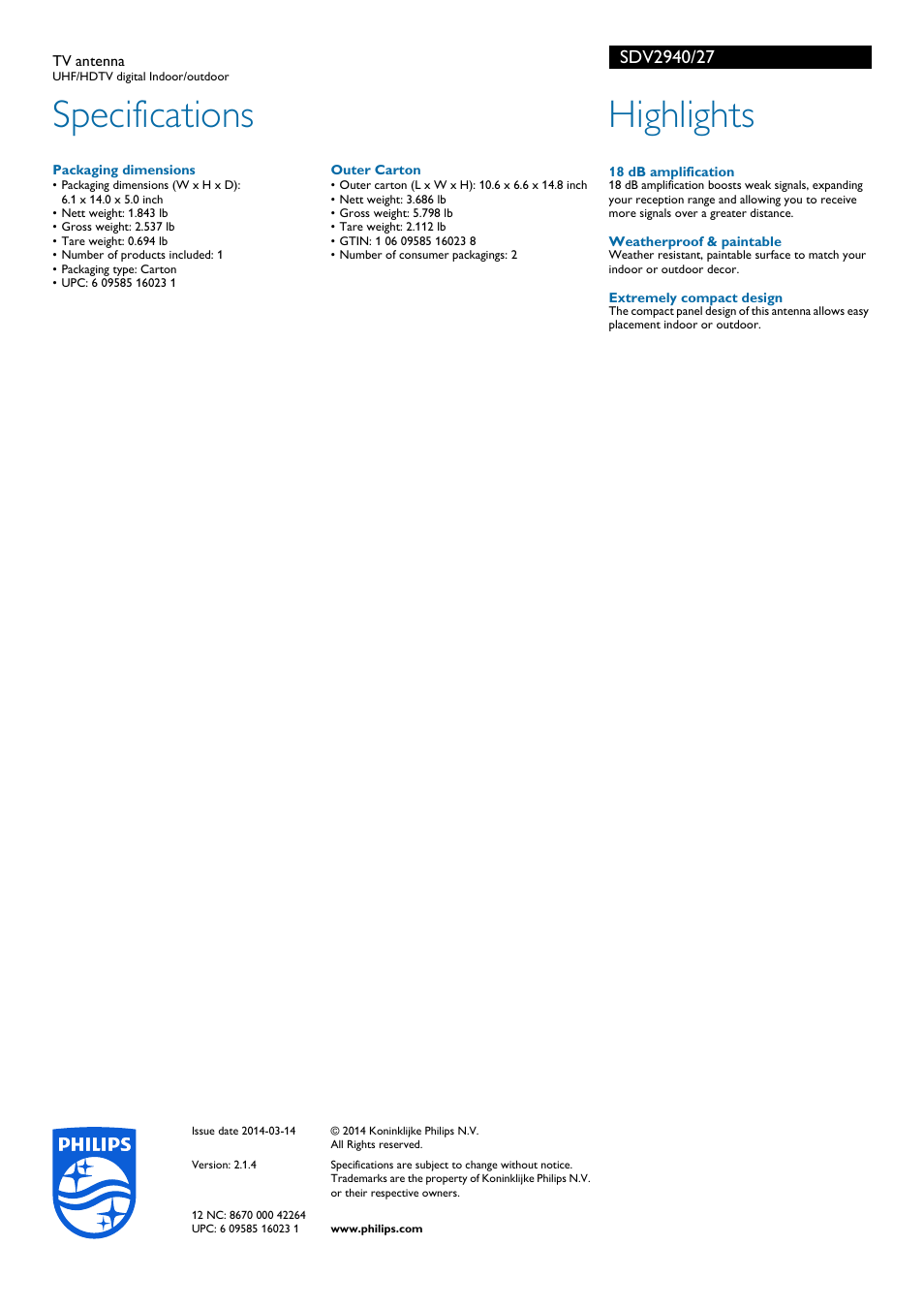 Specifications, Highlights | Philips SDV2940-27 User Manual | Page 2 / 2