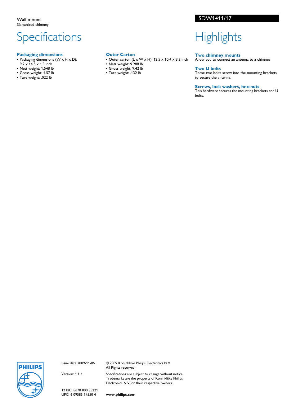 Specifications, Highlights | Philips SDW1411-17 User Manual | Page 2 / 2